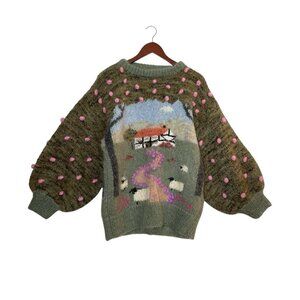VTG Susie Lee Mohair Hand Knit Sweater Cottage W/ Sheep Popcorn Knit Women’s M/L
